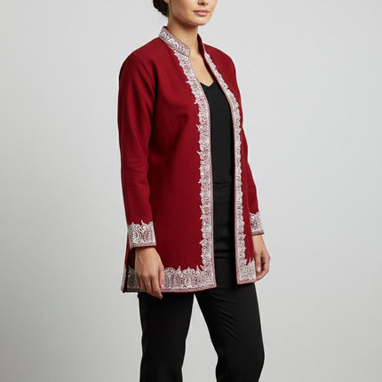 Short Sozni Work Jacket | Red and White | Pure Wool Aari Work | Size 42