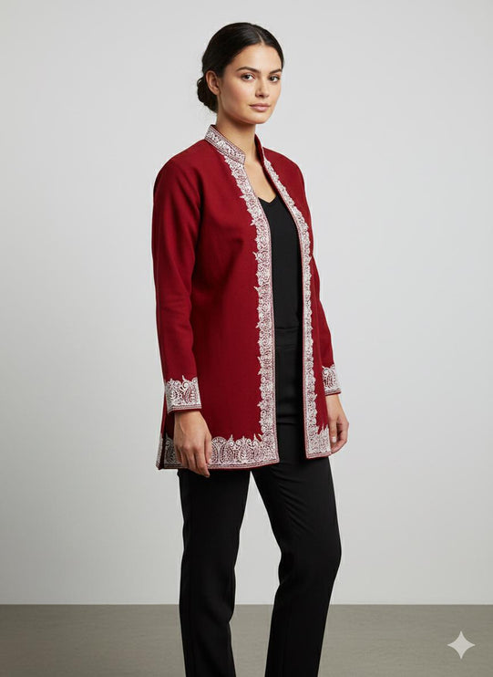 Short Sozni Work Jacket | Red and White | Pure Wool Aari Work | Size 42