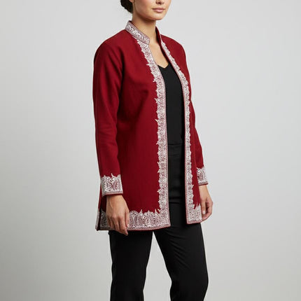 Short Sozni Work Jacket | Red and White | Pure Wool Aari Work | Size 42