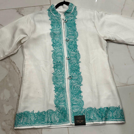 Short hand Sozni embroidered | Luxury wool Jacket | Teal and White | Size 42