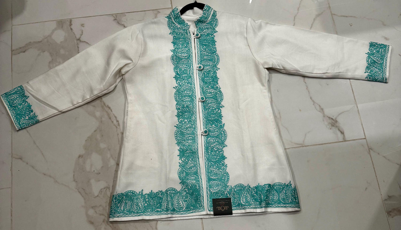 Short hand Sozni embroidered | Luxury wool Jacket | Teal and White | Size 42