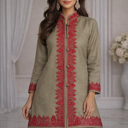 Short hand Sozni embroidered | Luxury wool Jacket | Tan and Red | Size 42