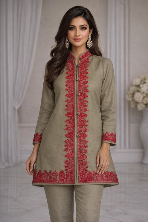 Short hand Sozni embroidered | Luxury wool Jacket | Tan and Red | Size 42