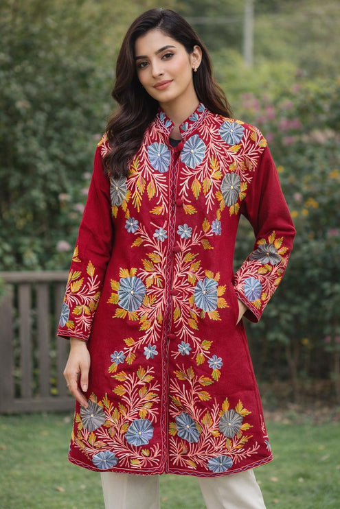 Luxury Kani Jamawar Wool Jacket  | woven Kashmir Artwear | Winter Dresses|knee length| size 46