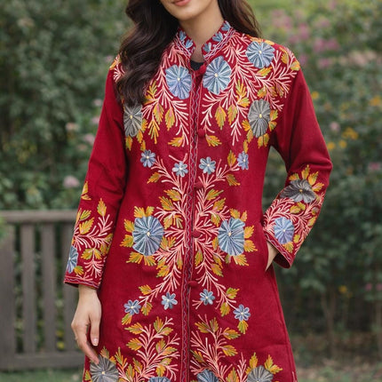 Luxury Kani Jamawar Wool Jacket | woven Kashmir Artwear | Winter Dresses|knee length| size 46