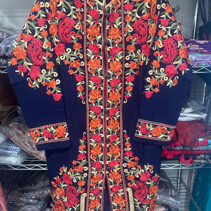 Luxury aari Jamawar Wool Jacket | woven Navy Blue | Winter Dresses|knee length| size 42