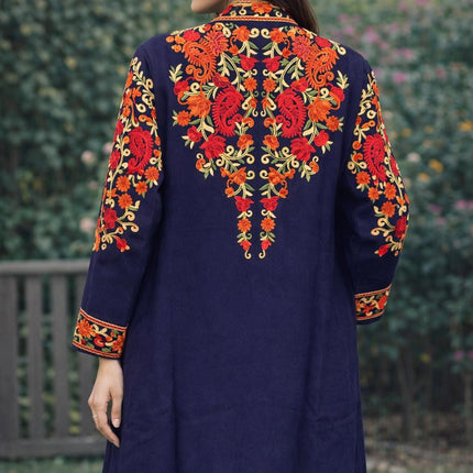 Luxury aari Jamawar Wool Jacket | woven Navy Blue | Winter Dresses|knee length| size 42