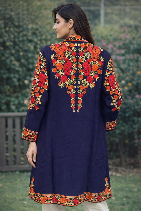 Luxury aari Jamawar Wool Jacket | woven Navy Blue | Winter Dresses|knee length| size 42