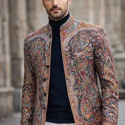 Mens Kani Pashmina Jamawar Jodhpuri style Jacket, Woven Paisley