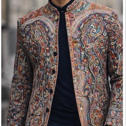 Mens Kani Pashmina Jamawar Jodhpuri style Jacket, Woven Paisley