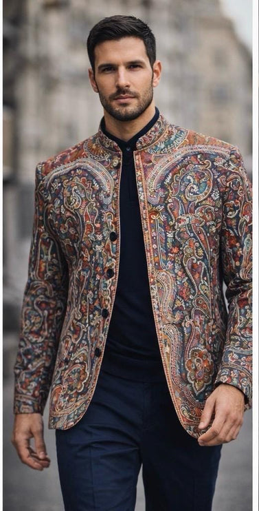 Mens Kani Pashmina Jamawar Jodhpuri style Jacket, Woven Paisley