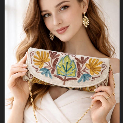 Kashmiri Aari Work Clutch | Handmade Floral Embroidered Velvet Purse - Green-Orange