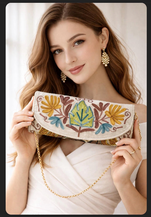 Kashmiri Aari Work Clutch | Handmade Floral Embroidered Velvet Purse - Green-Orange