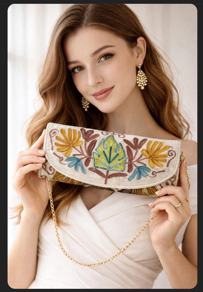 Kashmiri Aari Work Clutch | Handmade Floral Embroidered Velvet Purse - Green-Orange
