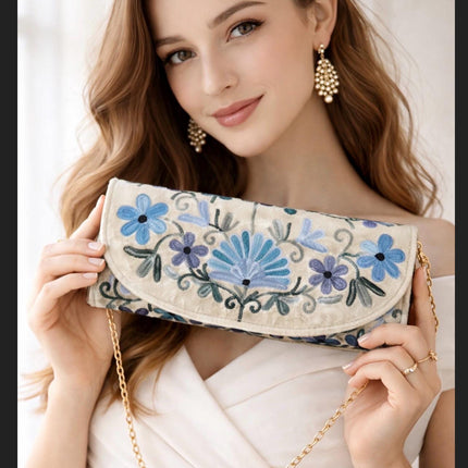Kashmiri Aari Work Clutch | Handmade Floral Embroidered Velvet Purse