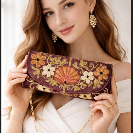 Kashmiri Aari Work Clutch | Handmade Floral Embroidered Velvet Purse