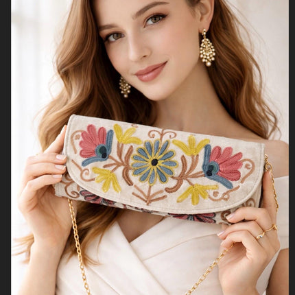 Kashmiri Aari Work Clutch | Handmade Floral Embroidered Velvet Purse
