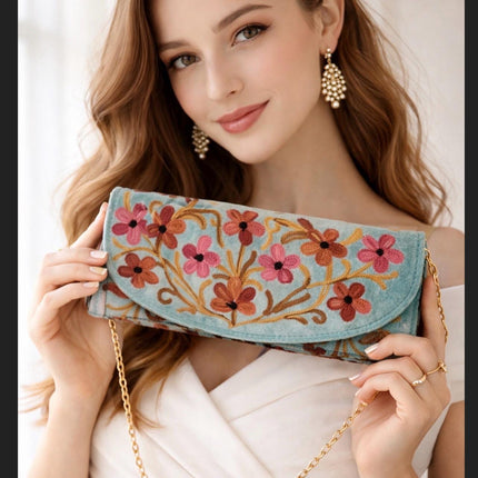 Kashmiri Aari Work Clutch | Handmade Floral Embroidered Velvet Purse