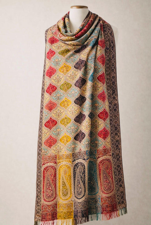 Pure Jamawar Kani Stole | Natural-, Beige-Multi | Pure Wool