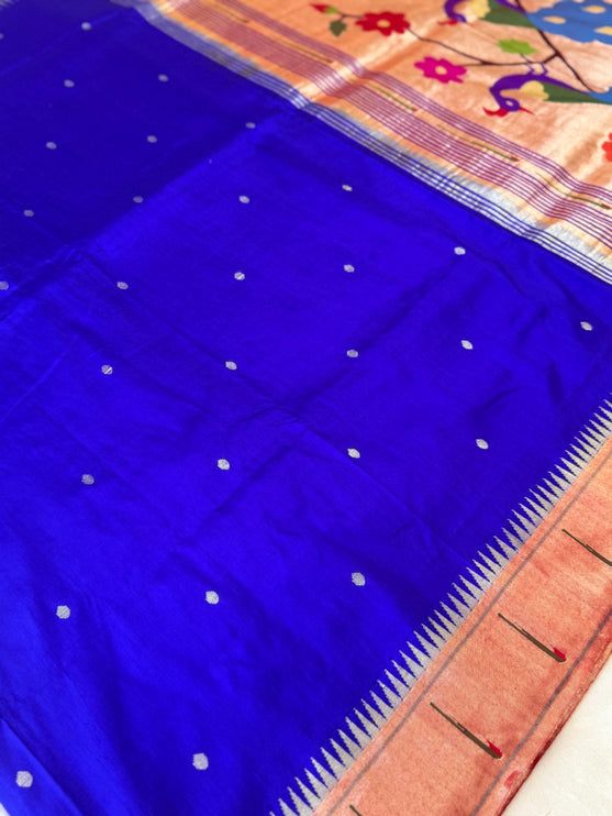 Handloom Paithani Silk Saree | Royal Blue, Red Zari Border