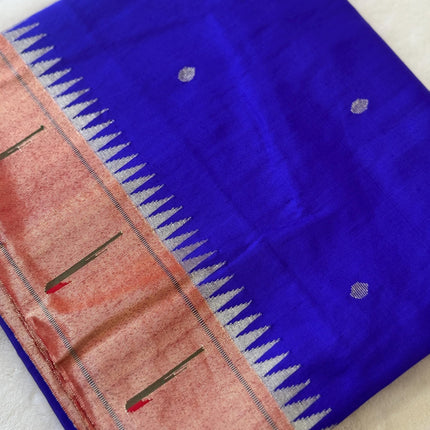 Handloom Paithani Silk Saree | Royal Blue, Red Zari Border