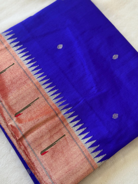 Handloom Paithani Silk Saree | Royal Blue, Red Zari Border