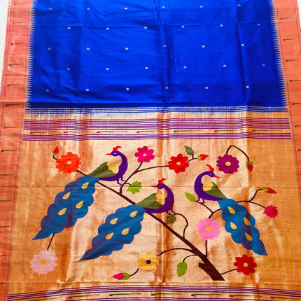 Handloom Paithani Silk Saree | Royal Blue, Red Zari Border