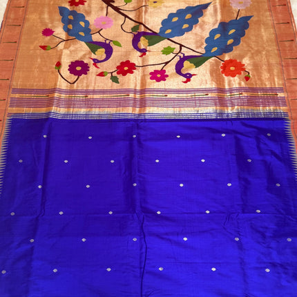 Handloom Paithani Silk Saree | Royal Blue, Red Zari Border