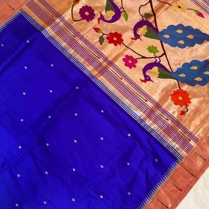 Handloom Paithani Silk Saree | Royal Blue, Red Zari Border