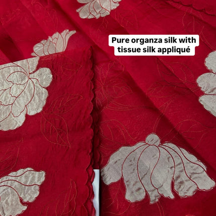 Red Banarasi Silk Saree, Golden color Flower Applique, Silk Mark Certified