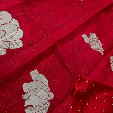 Red Banarasi Silk Saree, Golden color Flower Applique, Silk Mark Certified