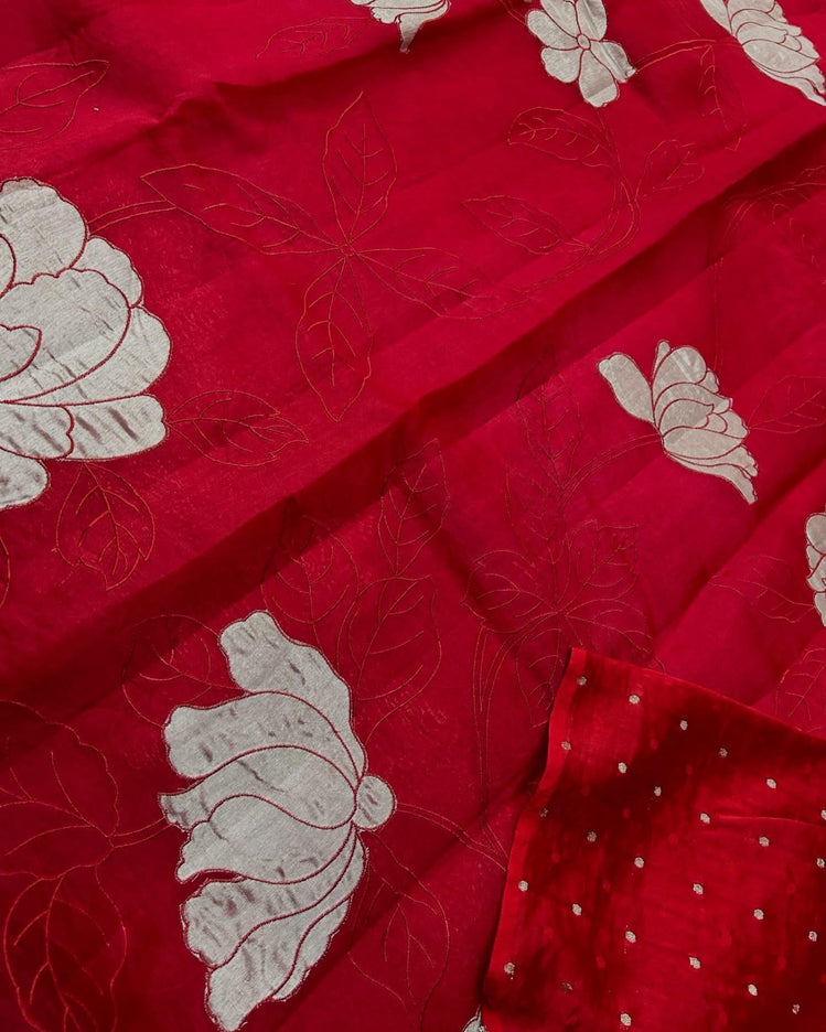 Red Banarasi Silk Saree, Golden color Flower Applique, Silk Mark Certified