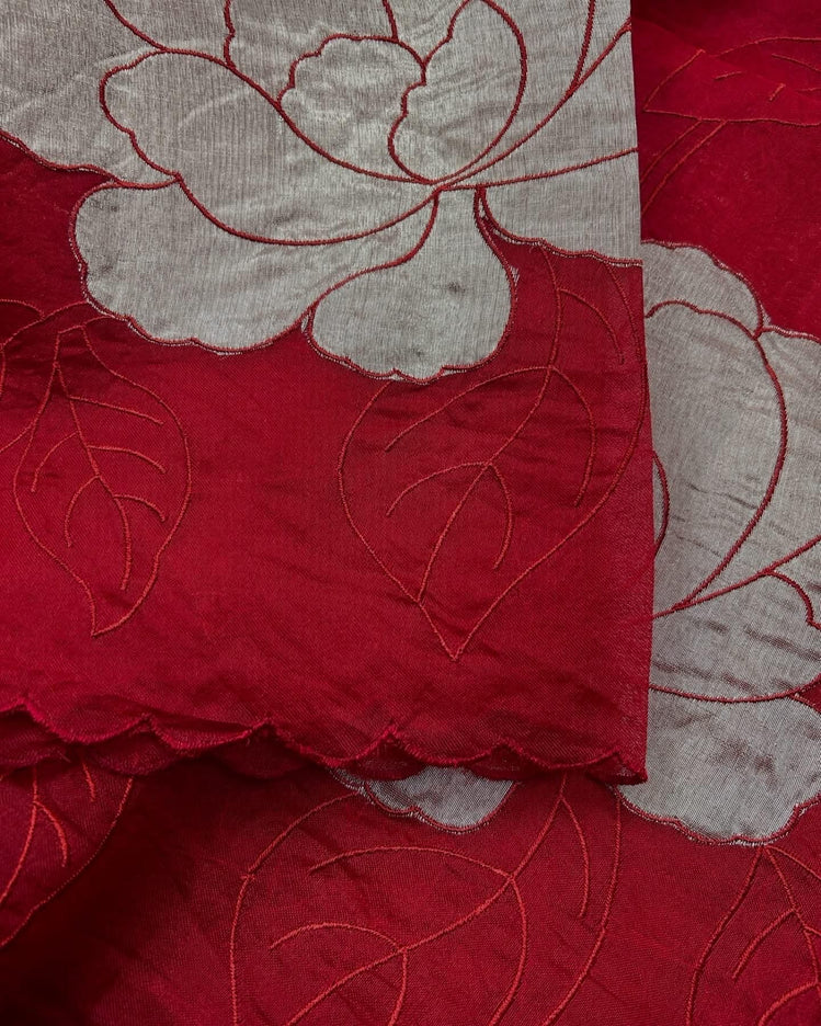 Red Banarasi Silk Saree, Golden color Flower Applique, Silk Mark Certified