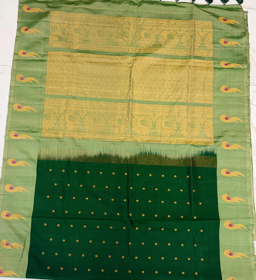 Handloom Gadhwal Silk Saree | Green with Muniya Border | Silk Mark