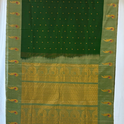 Handloom Gadhwal Silk Saree | Green with Muniya Border | Silk Mark
