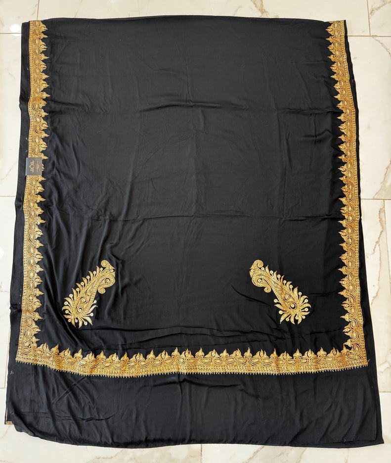 Kashmiri Italian crape Saree | hand Tila embroidered | Jet black color