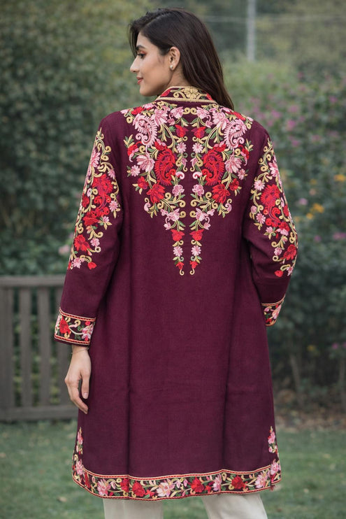Luxury aari Jamawar Wool Jacket  | woven Kashmir Artwear | Winter Dresses|knee length| size 42