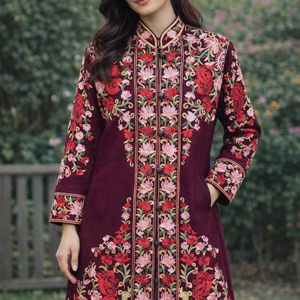 Luxury aari Jamawar Wool Jacket  | woven Kashmir Artwear | Winter Dresses|knee length| size 42
