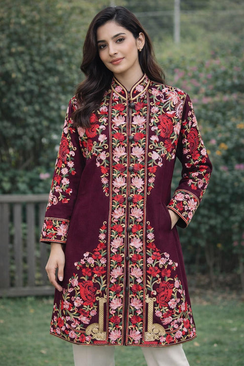 Luxury aari Jamawar Wool Jacket  | woven Kashmir Artwear | Winter Dresses|knee length| size 42