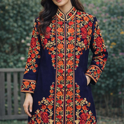 Luxury aari Jamawar Wool Jacket | woven Navy Blue | Winter Dresses|knee length| size 42