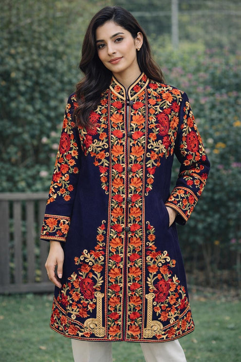 Luxury aari Jamawar Wool Jacket | woven Navy Blue | Winter Dresses|knee length| size 42