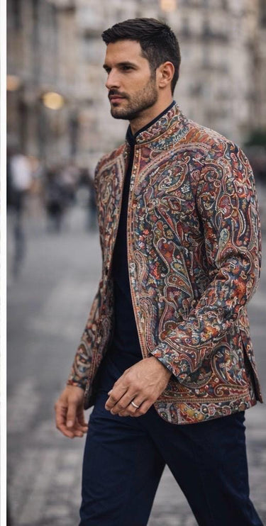 Mens Kani Pashmina Jamawar Jodhpuri style Jacket, Woven Paisley
