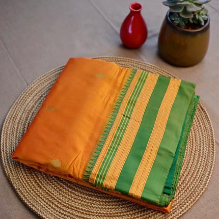 Special Sale!!! Original Narayan Peth 100% pure silk Saree from Yeola - Mango Yellow with green border|Fall Pico Tassels done