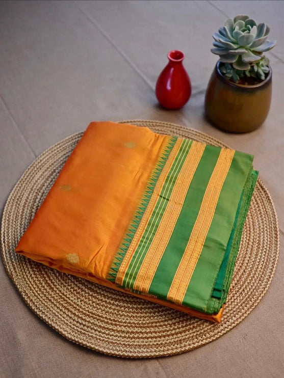 Special Sale!!! Original Narayan Peth 100% pure silk Saree from Yeola - Mango Yellow with green border|Fall Pico Tassels done
