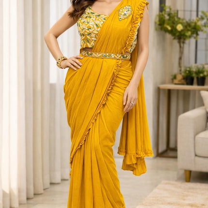 Ready Made Saree with Embroidered Blouse & Belt | Pre-draped