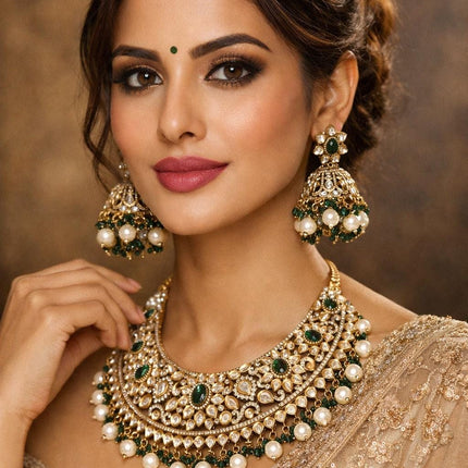 Kundan Emerald Necklace Set - Indian Bridal Jewelry