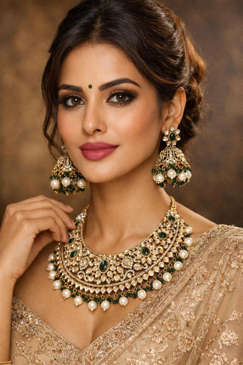 Kundan Emerald Necklace Set - Indian Bridal Jewelry
