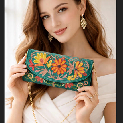 Kashmiri Aari Work Clutch | Handmade Floral Embroidered Velvet Purse