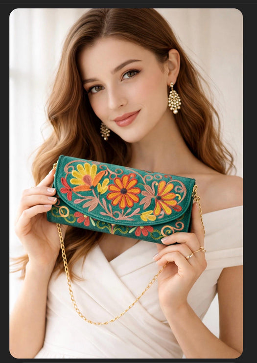 Kashmiri Aari Work Clutch | Handmade Floral Embroidered Velvet Purse
