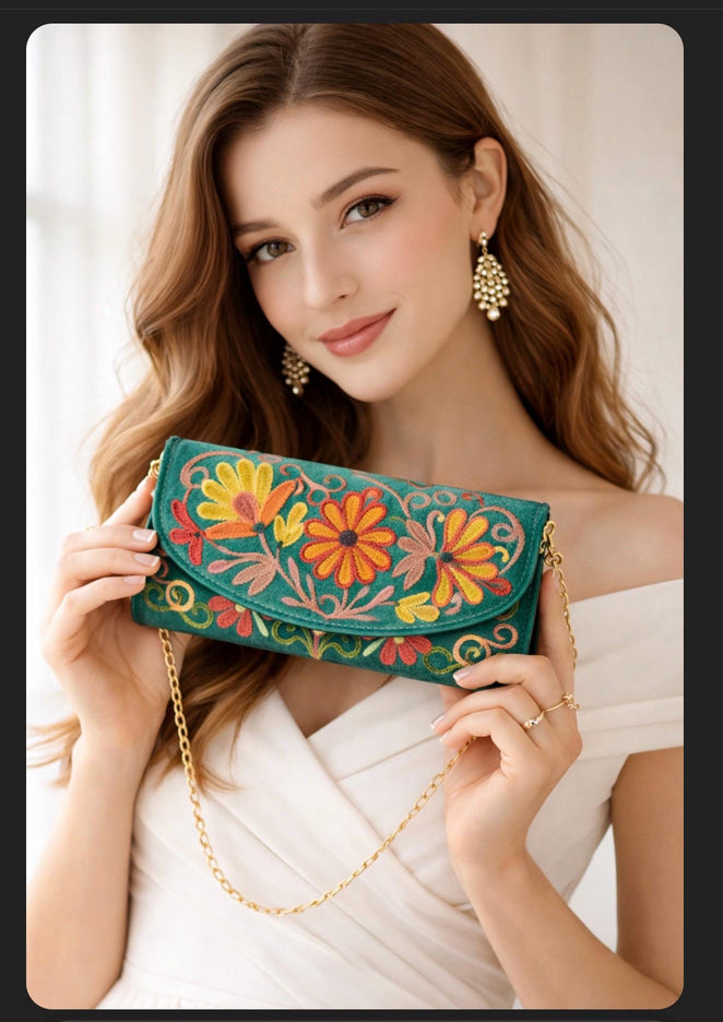Kashmiri Aari Work Clutch | Handmade Floral Embroidered Velvet Purse
